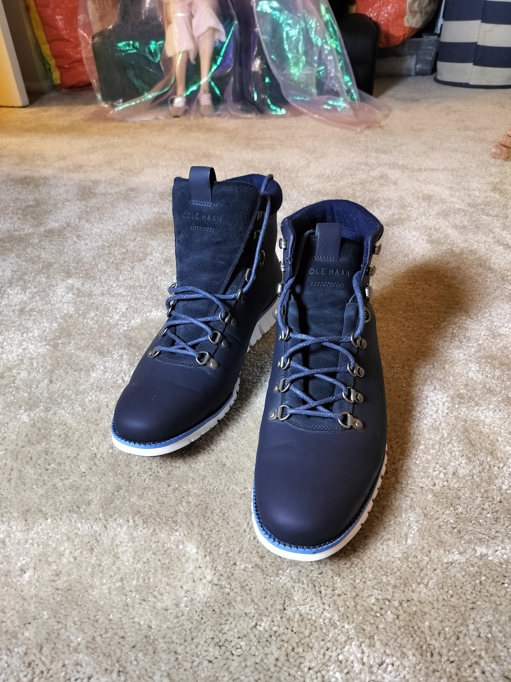 Cole Haan Navy Lace-Up Men’s Trail Boots with White Soles